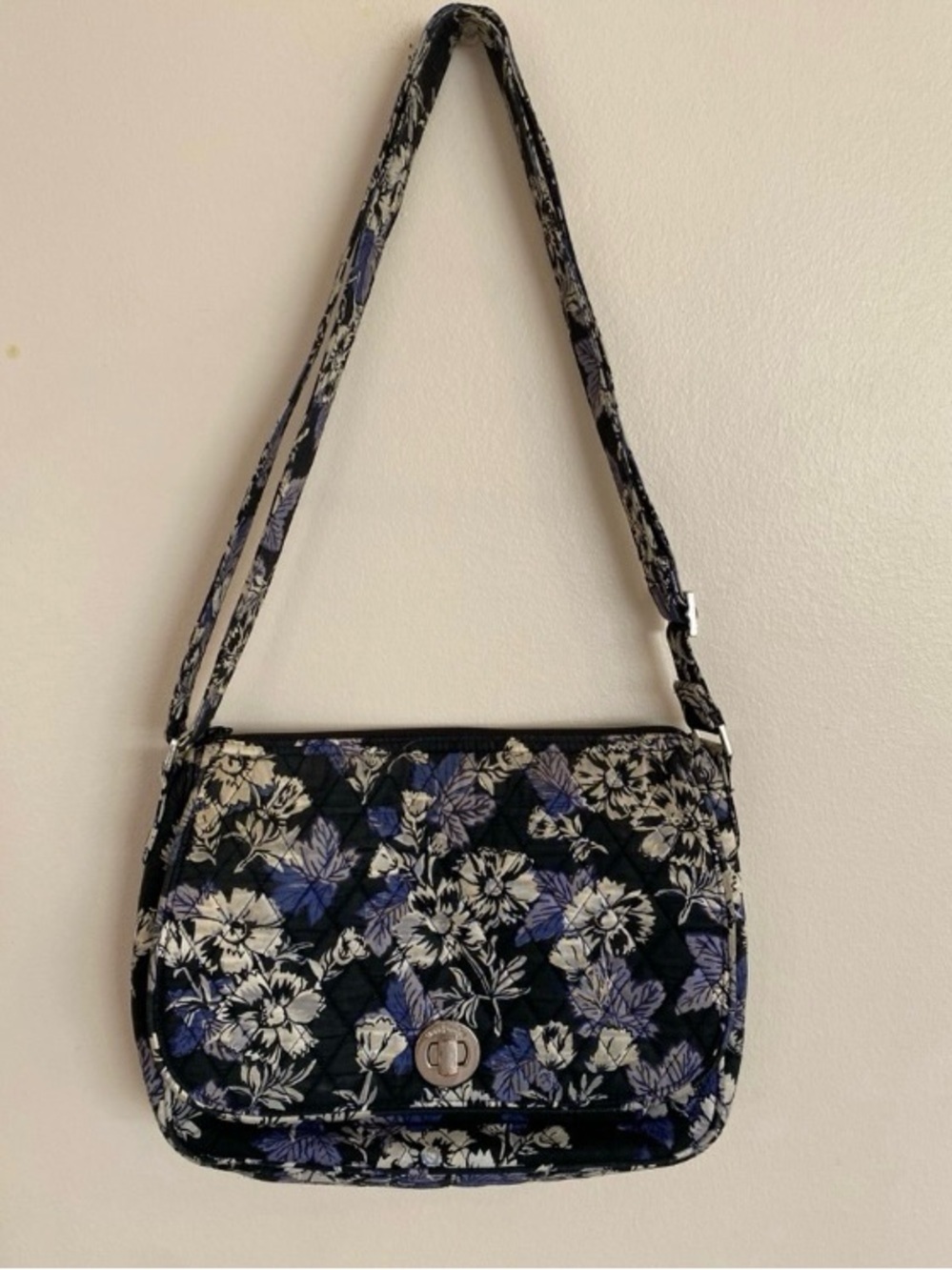 Vera Bradley Quilted Floral Crossbody Bag in Black and Purple 11”x9”